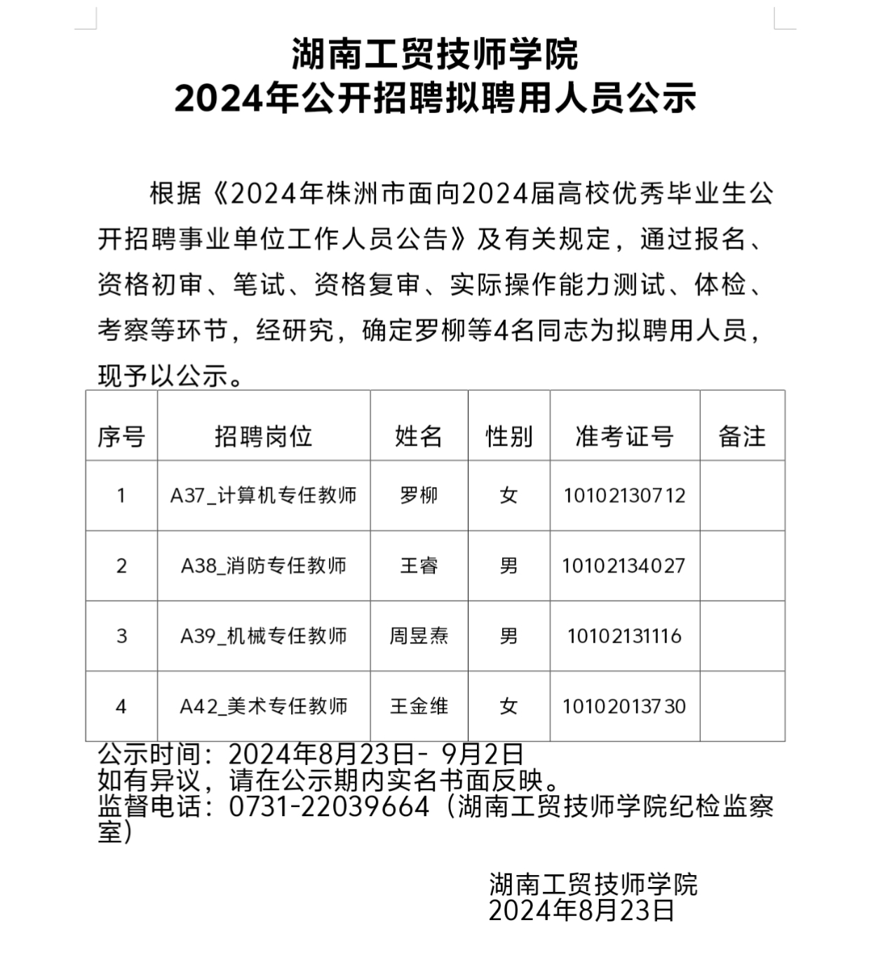 湖南工貿(mào)技師學(xué)院2024年公開招聘擬聘用人員公示