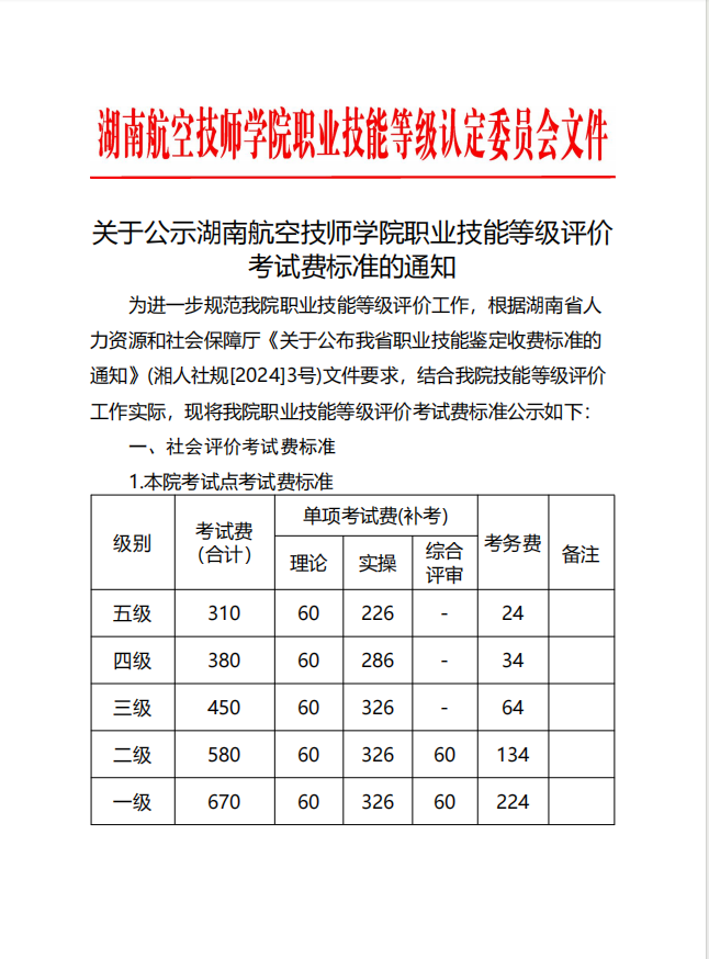 關于公示湖南航空技師學院職業(yè)技能等級評價考試費標準的通知